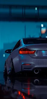 Sleek luxury car in a moody, urban night scene with wet streets and city lights.