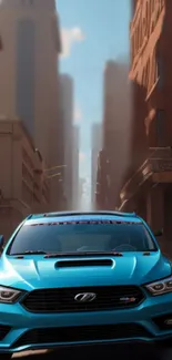 Sleek blue car driving through a cityscape in vibrant urban wallpaper.