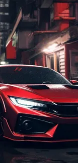 Red sports car in urban night setting with city lights.