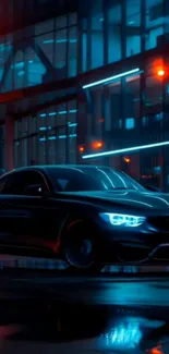Sleek black car driving in a city lit by neon lights at night.
