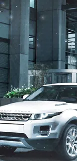 Stylish white SUV parked in modern city at night, showcasing urban elegance.