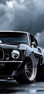 Vintage car on a stormy road.