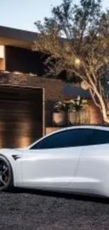 Sleek white car parked in driveway at dusk with modern home in background.