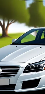 White luxury car set against a green park background.