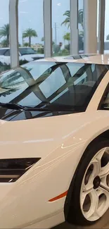 Sleek white sports car in a modern showroom.