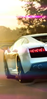 White sports car driving at sunset with glowing ambiance.