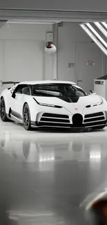 Sleek white sports car in a modern showroom setting.