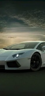 White sports car on road under a twilight sky.