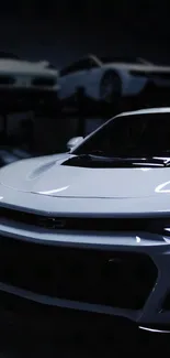 Sleek white sportscar with luminous headlights in a dark garage setting.