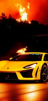 Yellow sports car driving at night with fiery background.