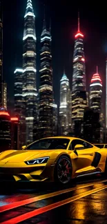 Yellow sports car with city skyline at night.