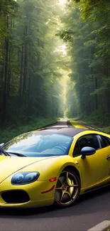 Yellow sports car on a forest road with lush green trees.