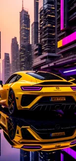 Yellow sports car in futuristic cityscape with neon lights.