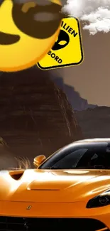 Yellow sports car with emoji in desert.