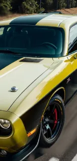 Yellow muscle car with black accents speeding on a road.