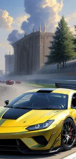 Sleek yellow race car on a vibrant racetrack with a scenic background.