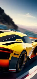 Dynamic yellow race car speeding on track wallpaper.