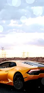 Yellow sports car on desert road under cloudy sky.