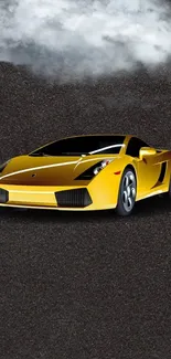 Sleek yellow sports car on asphalt with clouds.