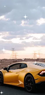 Yellow sports car on desert road under cloudy sky.