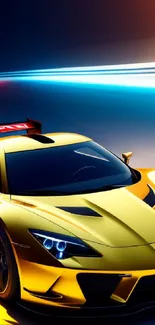 Vibrant yellow sports car with motion blur and glowing headlights.