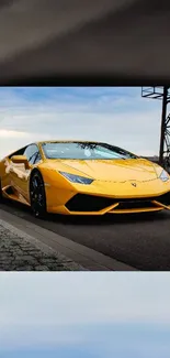 Yellow sports car on an urban street scene.