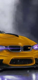 Yellow sports car with neon purple lights.