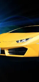 Yellow sports car shines on black starry background.