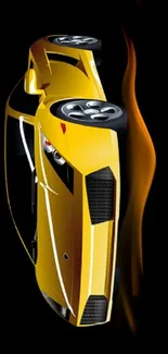 Sleek yellow sports car with dynamic flames on a black background.