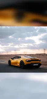 Yellow Lamborghini on desert road with cloudy sky.