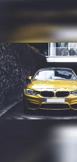 Yellow sports car parked in urban alleyway background.