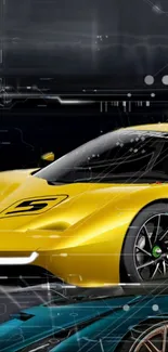 Sleek yellow sports car with digital effects and modern design.