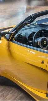 Yellow sports car interior view with sleek design.