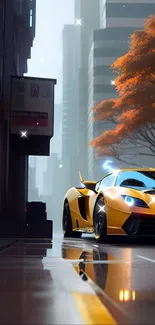 Yellow sportscar in a futuristic city with orange trees.