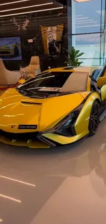 Yellow supercar with open scissor doors in a showroom.