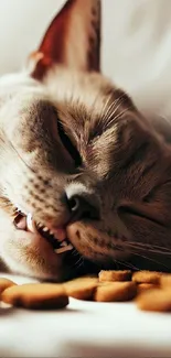 A sleeping cat with treats around, creating a cozy wallpaper.