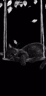 A black cat sleeping on a swing with falling leaves.