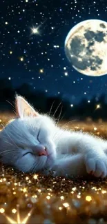 White cat peacefully sleeping under a full moon in a starry night.