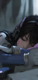 Animated character sleeping with headphones in serene art.