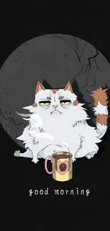 Funny cat with coffee mug on black background.