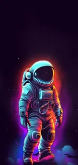 Vibrant astronaut in neon colors exploring a cosmic galaxy setting.