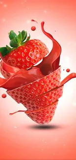 Sliced strawberry with splash effect on red background.