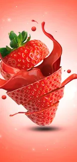 Striking strawberry splash on a vibrant red background.