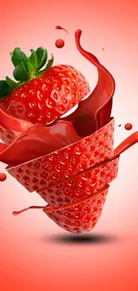 Sliced strawberry with splash effect on red background.