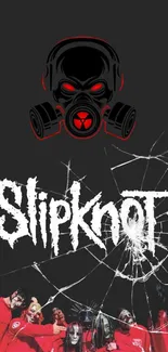 Slipknot themed wallpaper with dark gas mask and shattered glass.