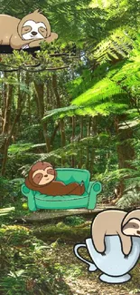 Cartoon sloths relaxing in a lush forest setting.