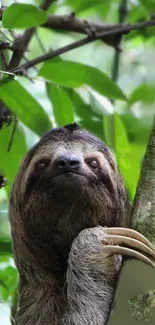 Close-up of a sloth climbing a tree in a lush green rainforest.