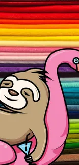 Cartoon sloth on a pink flamingo against a colorful striped background.