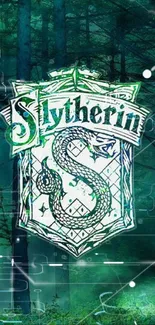 Slytherin emblem set against a mystical forest background.