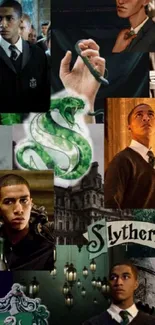 Slytherin collage wallpaper with green serpent theme.